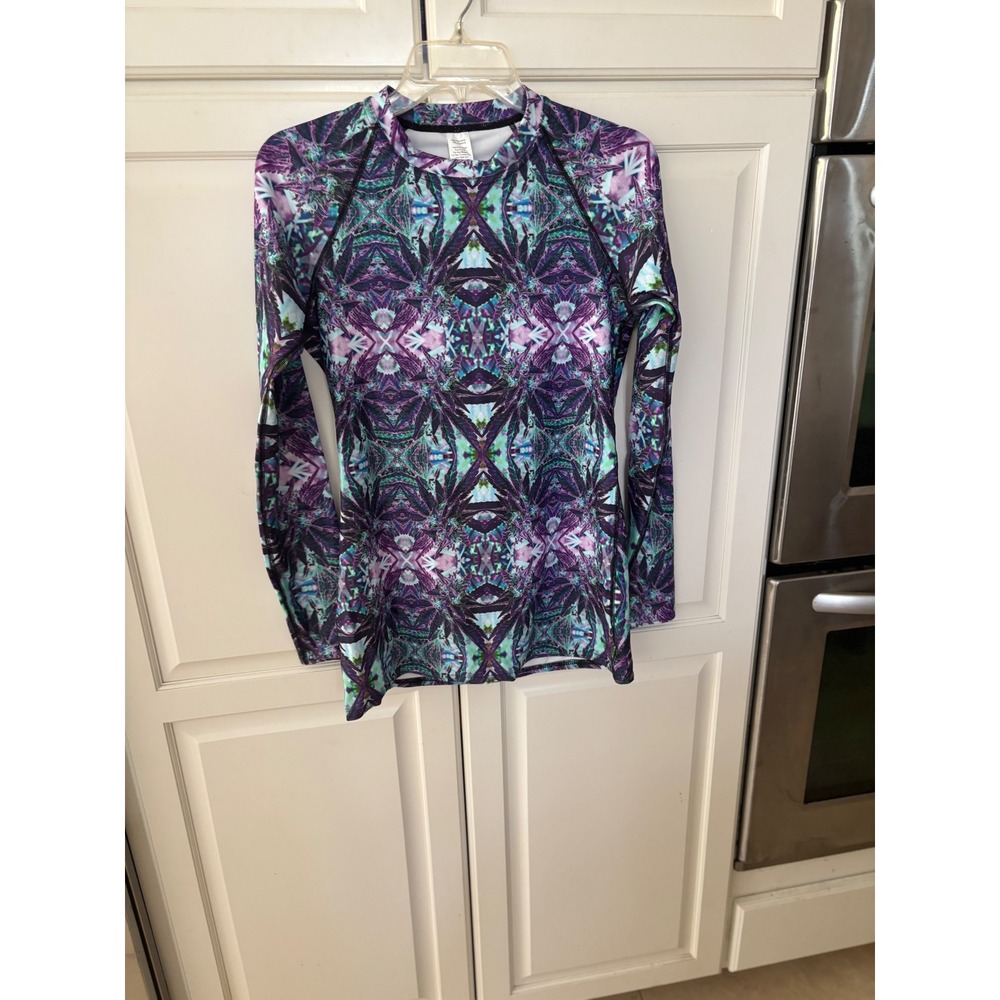Womens Purple Cannabis Leaf Print Long Sleeve Rash Guard Swim Top Size Large